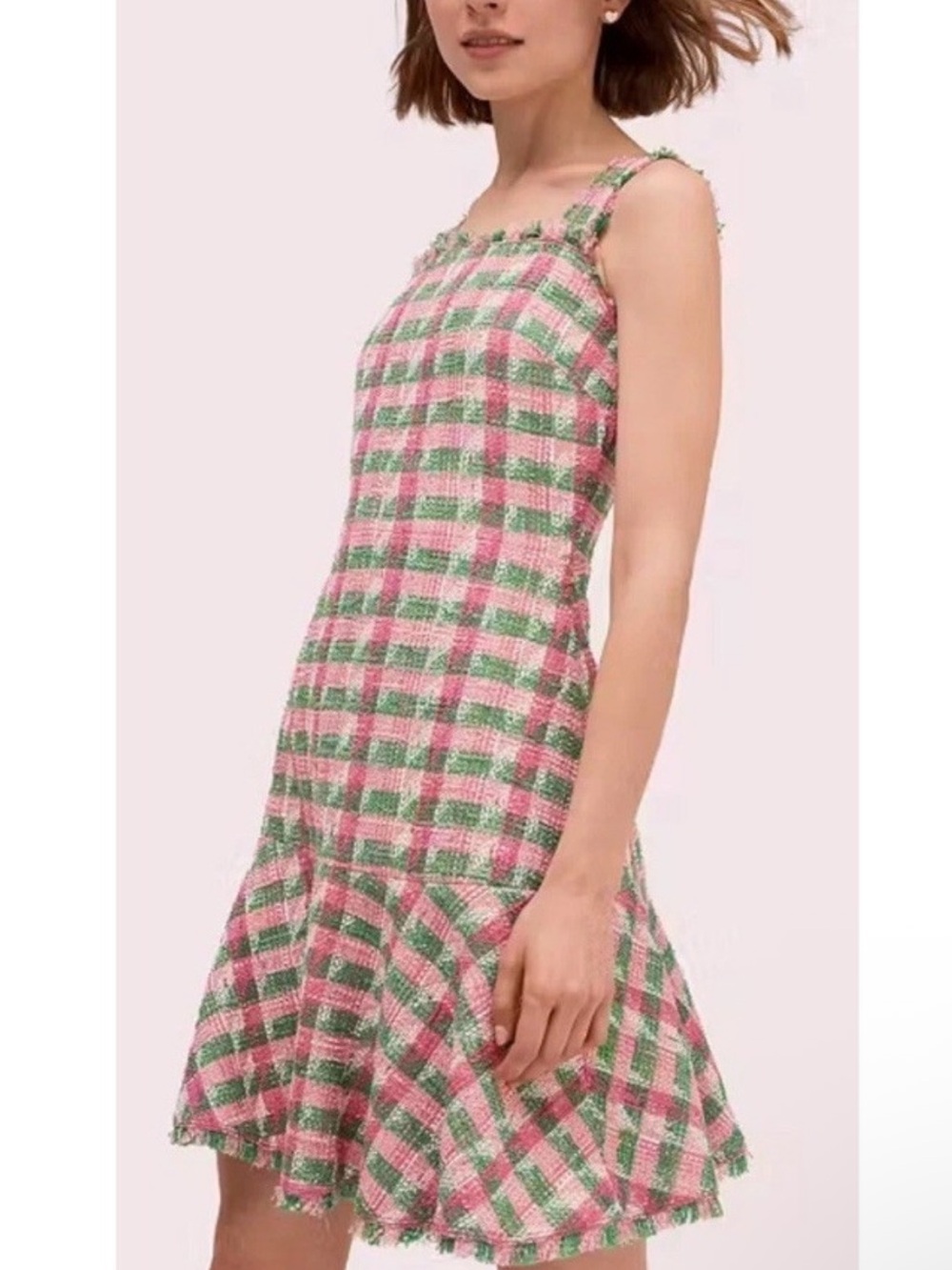 Sleeveless Pink & Green Check Tweed Dress Kate Spade drop waist NWOT 12